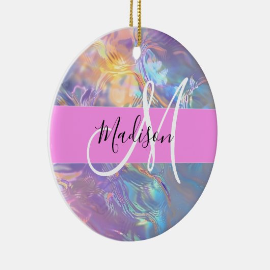 Girly roze holografische iriserende monogram naam keramisch ornament (Rechts)