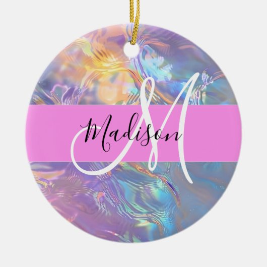 Girly roze holografische iriserende monogram naam keramisch ornament (Voorkant)