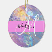 Girly roze holografische iriserende monogram naam keramisch ornament (Links)