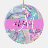 Girly roze holografische iriserende monogram naam keramisch ornament (Achterkant)