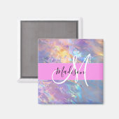 Girly roze holografische iriserende monogram naam magneet (Voorkant / Achterkant)