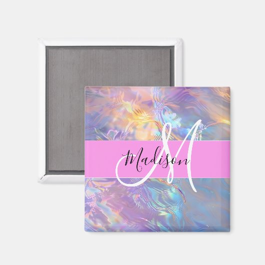 Girly roze holografische iriserende monogram naam magneet (Voorkant / Achterkant)