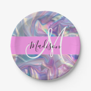 Girly roze holografische iriserende monogram naam papieren bordje