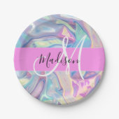 Girly roze holografische iriserende monogram naam papieren bordje (Voorkant)
