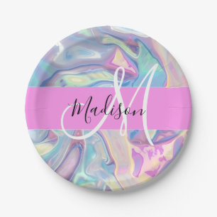 Girly roze holografische iriserende monogram naam papieren bordje