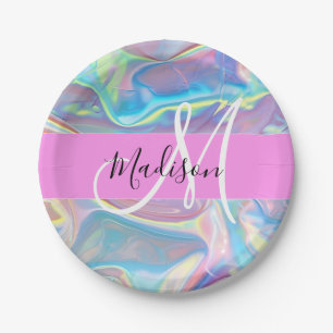 Girly roze holografische iriserende monogram naam papieren bordje