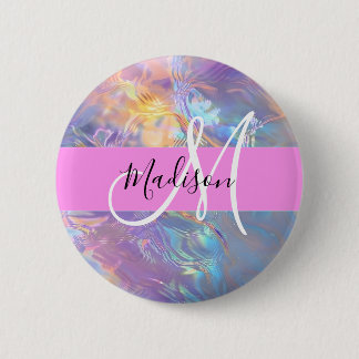 Girly roze holografische iriserende monogram naam ronde button 5,7 cm