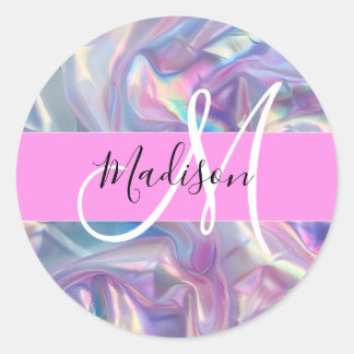Girly roze holografische iriserende monogram naam ronde sticker