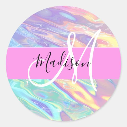 Girly roze holografische iriserende monogram naam ronde sticker (Voorkant)
