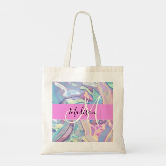 Girly roze holografische iriserende monogram naam tote bag (Achterkant)