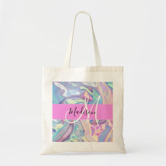 Girly roze holografische iriserende monogram naam tote bag (Voorkant)