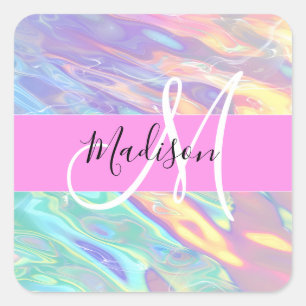 Girly roze holografische iriserende monogram naam vierkante sticker