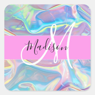 Girly roze holografische iriserende monogram naam vierkante sticker