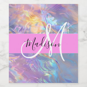 Girly roze holografische iriserende monogram naam wijn etiket