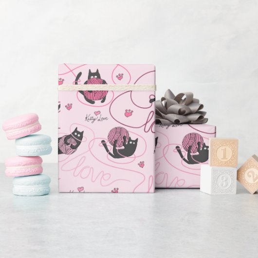 Girly Roze Kat Liefde Kittens en Yarn Tangle Kinde Cadeaupapier (Baby Shower)