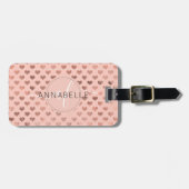 Girly Roze Metallic Koper Harten Script Monogram Bagagelabel (Voorkant horizontaal)