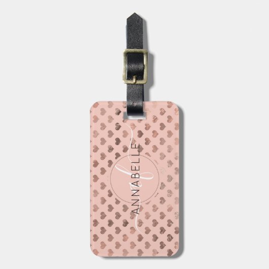 Girly Roze Metallic Koper Harten Script Monogram Bagagelabel (Voorkant verticaal)