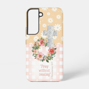 Girly Roze Perzik Bloemen Roos Faith Cross Samsung Galaxy Hoesje