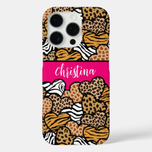 Girly Roze Speelse Dierenprint Harten Naam iPhone 16 Pro Hoesje