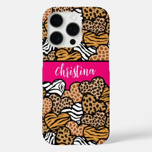 Girly Roze Speelse Dierenprint Harten Naam Case-Mate iPhone Case (Achterkant)