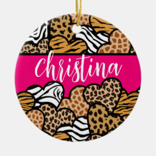 Girly Roze Speelse Dierenprint Harten Naam Keramisch Ornament