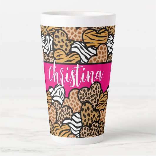 Girly Roze Speelse Dierenprint Harten Naam Latte Mok (Voorkant)