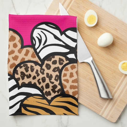 Girly Roze Speelse Dierenprint Harten Naam Theedoek (Quarter Fold)