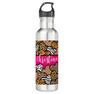 Girly Roze Speelse Dierenprint Harten Naam Waterfles