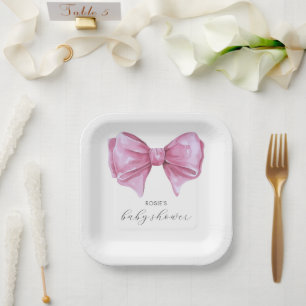 Girly Roze Waterverf Bow Baby shower Papieren Bordje
