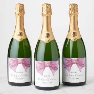 Girly Roze Waterverf Bow Baby shower Sparkling Wijnetiket