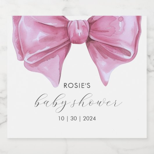 Girly Roze Waterverf Bow Baby shower Sparkling Wijnetiket (Enkel label)