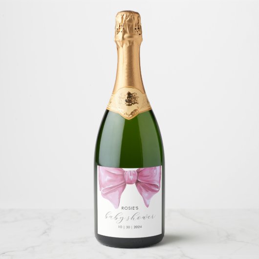 Girly Roze Waterverf Bow Baby shower Sparkling Wijnetiket (Voorkant)