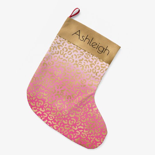 Girly Roze Waterverf Gouden Glam Luipaard Print Grote Kerstsok (Voorkant (Hangend))