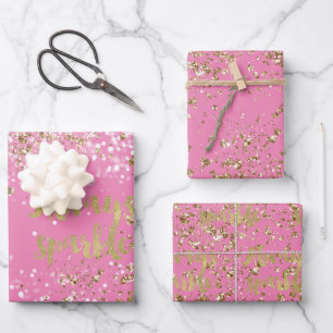 Girly Roze Wit Goud Confetti Sparkle Inpakpapier Vel