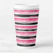 Girly roze wit zwart strepen latte mok (Voorkant)