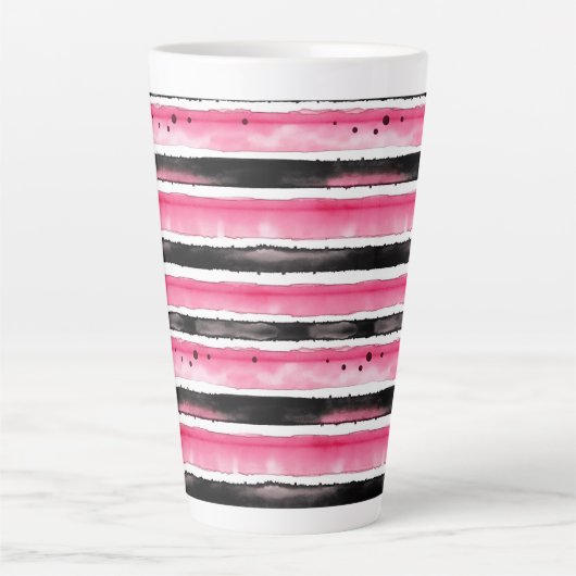 Girly roze wit zwart strepen latte mok (Voorkant)