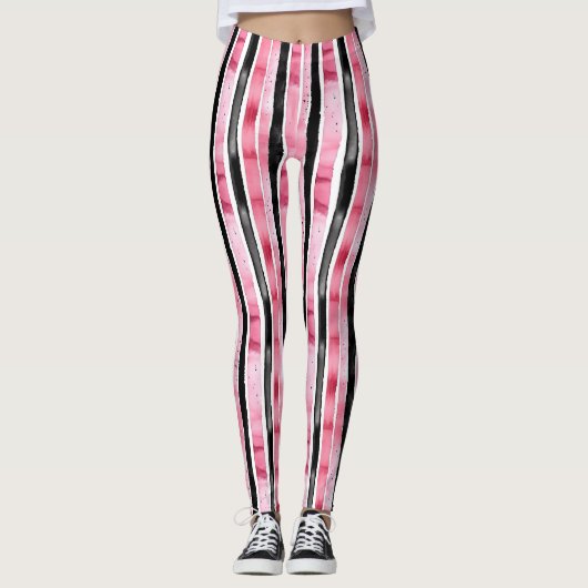 Girly roze wit zwart strepen leggings (Voorkant)
