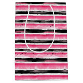 Girly roze wit zwart strepen medium cadeauzakje (Voorkant)