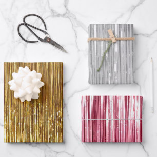 Girly Roze Zilver Goud Glam Tinsel Stripes Inpakpapier Vel