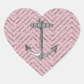 Girly Roze Zilveren Glitter Chevron Patroon Anker Hart Sticker
