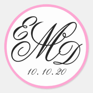 Girly Roze, Zwart Drie Initialen Monogram Bruiloft Ronde Sticker