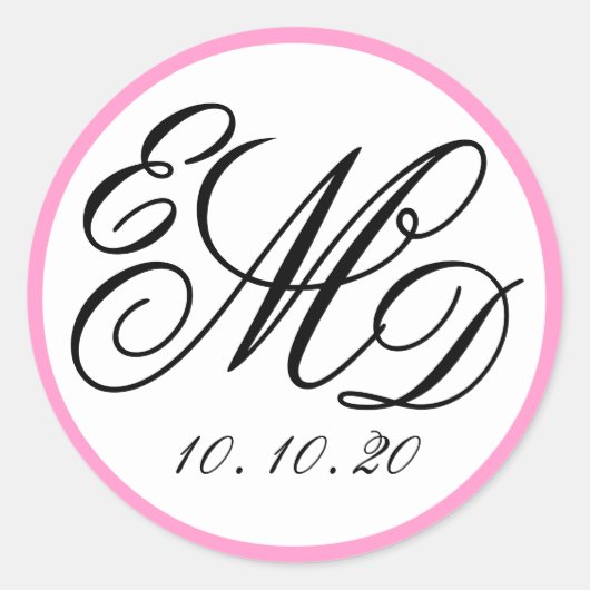 Girly Roze, Zwart Drie Initialen Monogram Bruiloft Ronde Sticker (Voorkant)