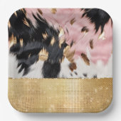 Girly Roze Zwart Goud Sparkle Cowgirl Koeienhuid Papieren Bordje (Voorkant)