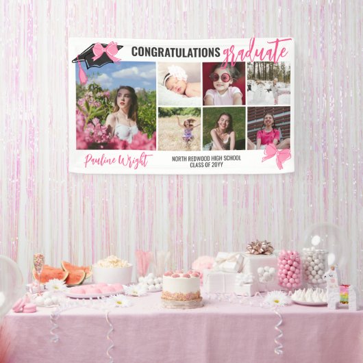 Girly Schattige Roze Bogen 7 Foto's Congrats Afstu Spandoek (Feest)