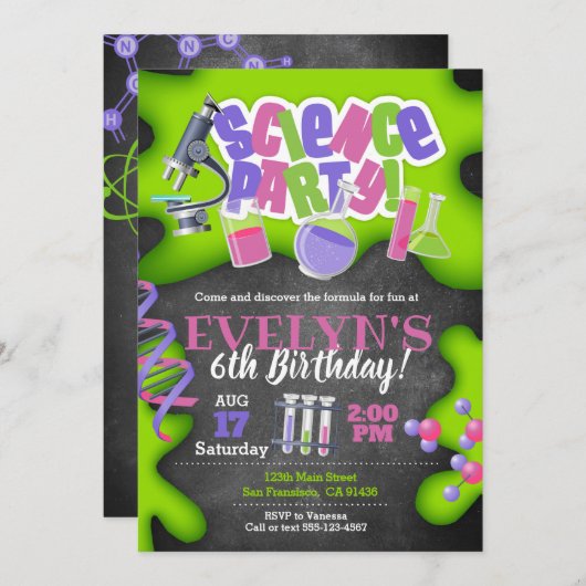 Girly Science Birthday Invitation for Girls Kaart (Voorkant / Achterkant)