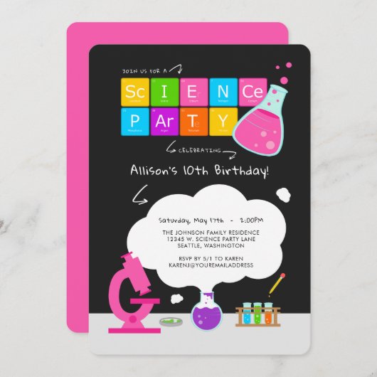 Girly Science Party uitnodiging (Voorkant / Achterkant)