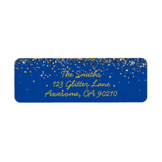 Girly Script Blauw en Goud Bruiloft Retouradres Etiket (Voorkant)