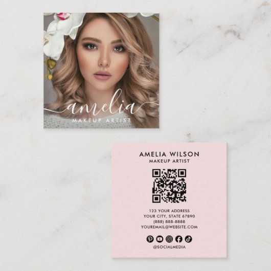 Girly Script QR Code Photo  Square Blush Pink Vierkante Visitekaartje (Voorkant / Achterkant)