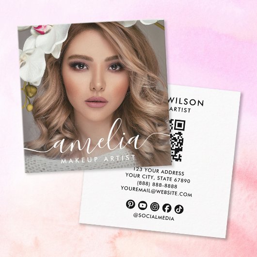 Girly Script QR Code Photo  Vierkante Visitekaartje