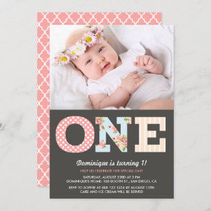 Girly Shabby Chic First Birthday Photo Invitation Kaart